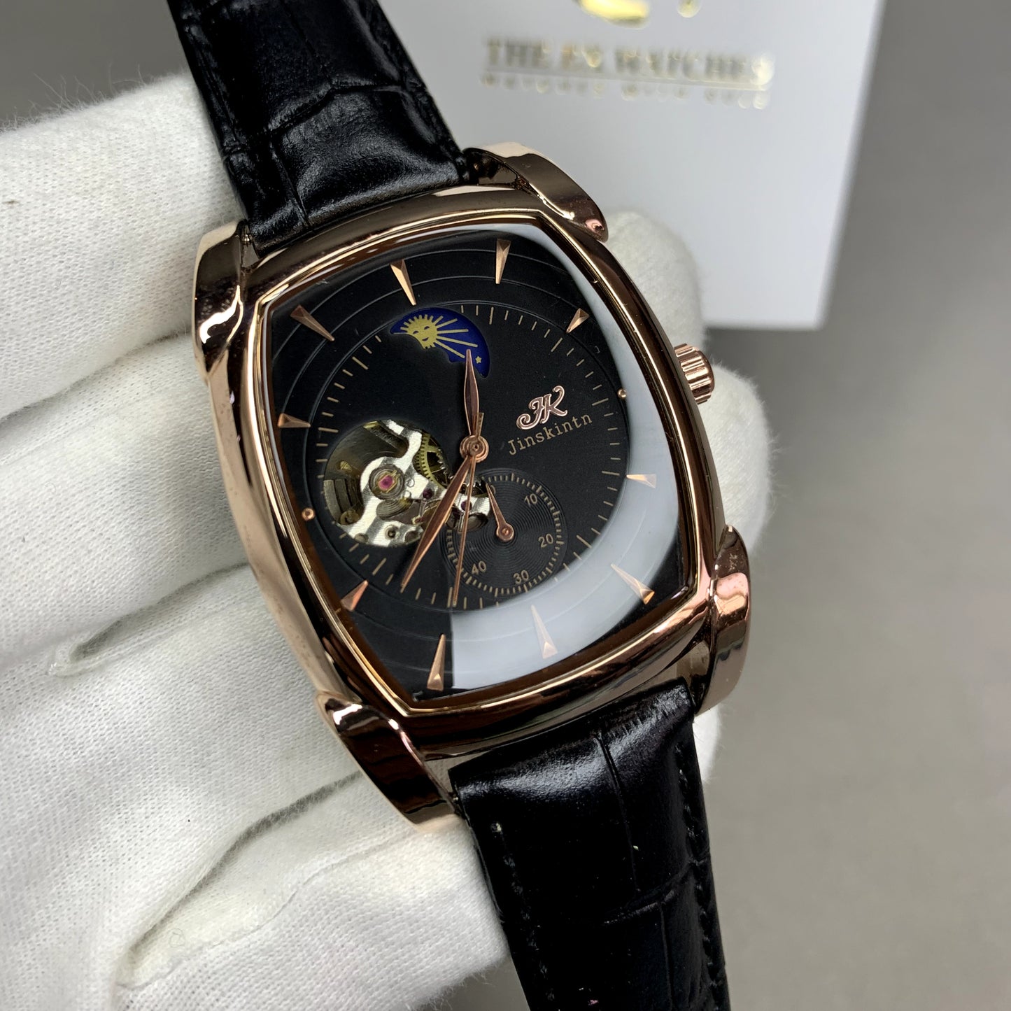 "Jinskintn Automatic Watch: Timeless Elegance with Moon & Sun Phase Design"