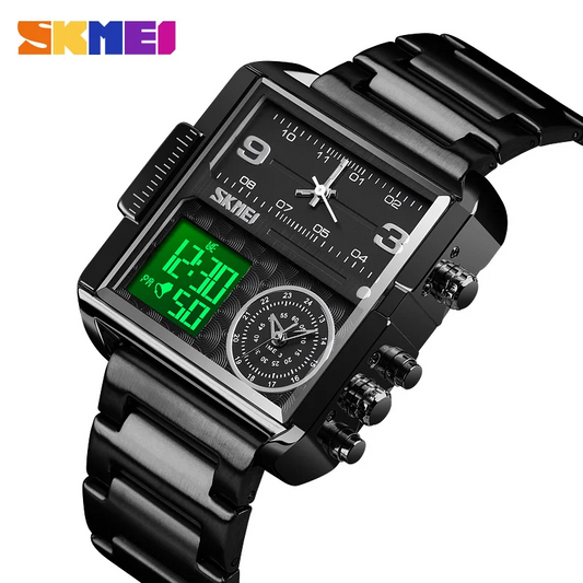 SKMEI 1584 Sports Quartz Watch – Triple Time Display (Stainless Steel Chain)