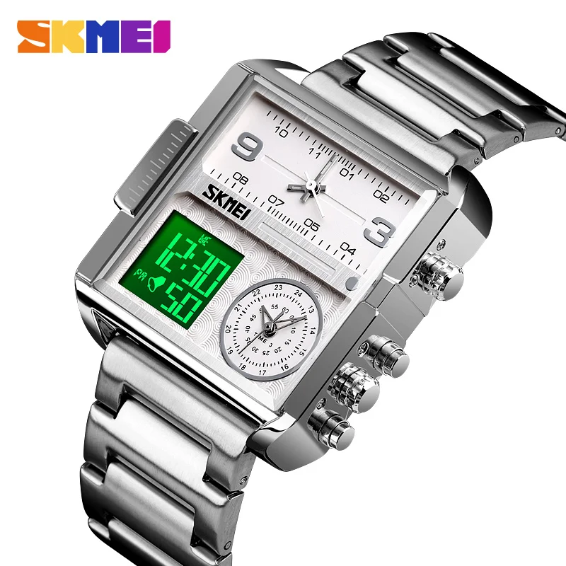 SKMEI 1584 Sports Quartz Watch – Triple Time Display (Stainless Steel Chain)